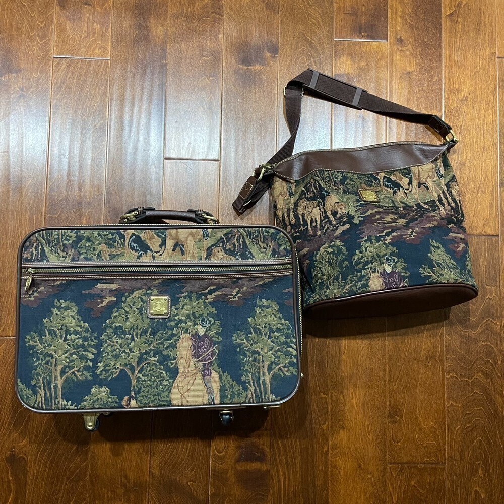 Capezio Collection VTG Fox Hunt Brown Leather Tapestry Travel Luggage Set - Picture 16 of 16